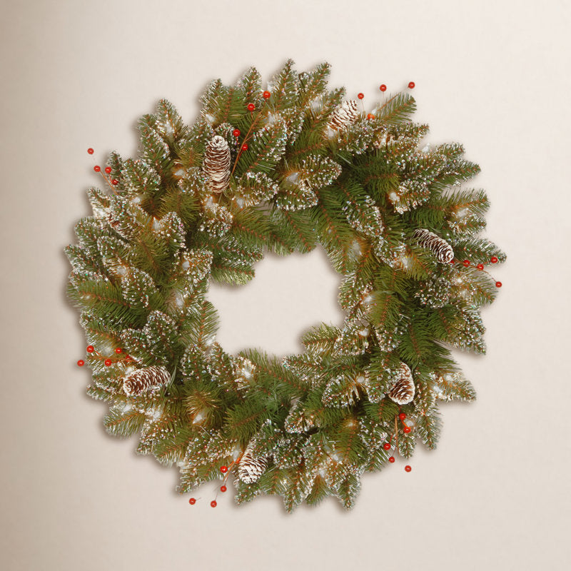 24 in. Glittery Mountain Spruce Wreath with LED Lights