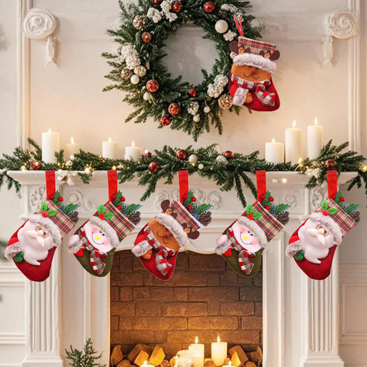6 Pack Christmas Stockings for Fireplace, Plush Santa Snowman Reindeer Decorations for Xmas Tree Hanging, Holiday Home Party Decor (Set of 6)