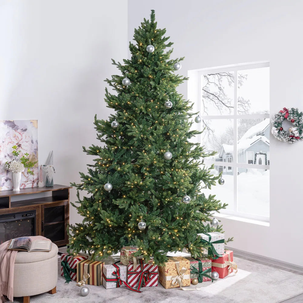9' Prelit Traditional Artificial Christmas Tree with Metal Stand, Realistic Classic Holiday Tree
