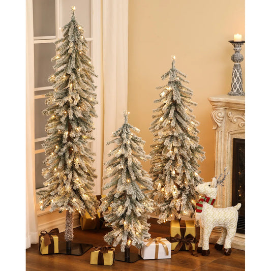 Slender Green Fir Flocked Christmas Tree Set with Lights (Set of 3)
